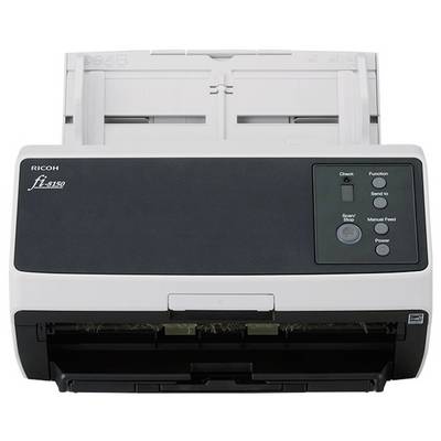 Un scanner desktop bianco con pannello di controllo nero. Diversi tasti sono visibili, tra cui 'Scan' e 'Power'. Adatto per la scansione di documenti.