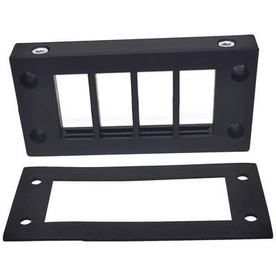 Un inserto per griglia di ventilazione nero con cornice rettangolare e diverse lamelle è mostrato, accanto a una guarnizione di gomma corrispondente.