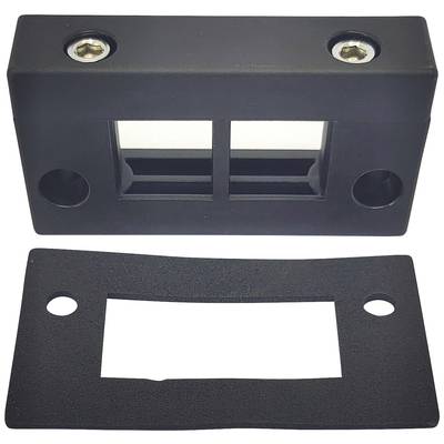 Supporto nero in plastica con apertura rettangolare e due fori per viti accanto. Sotto, il corrispondente pezzo di copertura.