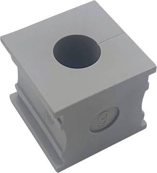 Blocco grigio, cubico, con un foro rotondo al centro e incavi verticali sui lati.