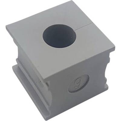 Blocco grigio, cubico, con un foro rotondo al centro e incavi verticali sui lati.