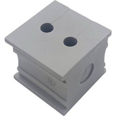 Blocco grigio, quadrato, in plastica con due fori circolari sulla superficie superiore e scanalature visibili lateralmente.