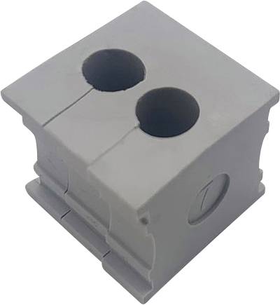 Connettore elettrico grigio con due aperture circolari in alto, di forma rettangolare, idoneo per connessioni di cavi.