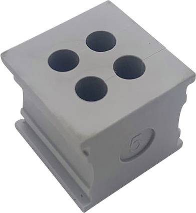 Un blocco quadrato grigio in plastica con quattro fori rotondi sulla parte superiore e un numero '5' sul lato, utilizzato come elemento di connessione.