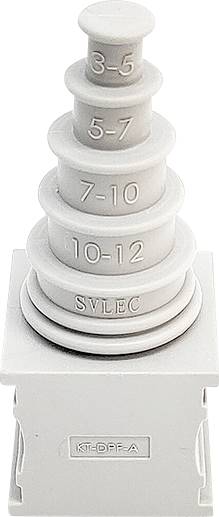 Passacavo grigio a gradini con etichette: '3-5', '5-7', '7-10', '10-12', 'SVLEC'. Base rettangolare con clip.