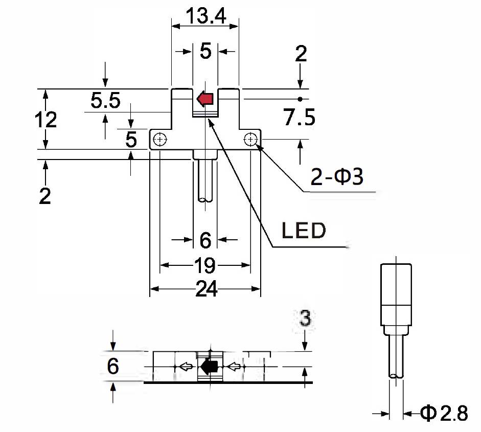 'Disegno tecnico di un LED con dimensioni: altezza 19 mm, larghezza 24 mm, distanza pin 5 mm. Struttura superiore: 13,4 mm, distanze laterali: 5,5 mm.'