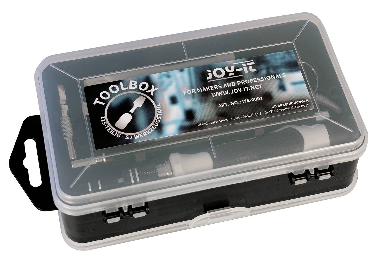 'Valigetta degli attrezzi per Maker e professionisti' di Joy-IT, codice articolo 'NO-WE-0001', contiene diversi utensili, coperchio trasparente.