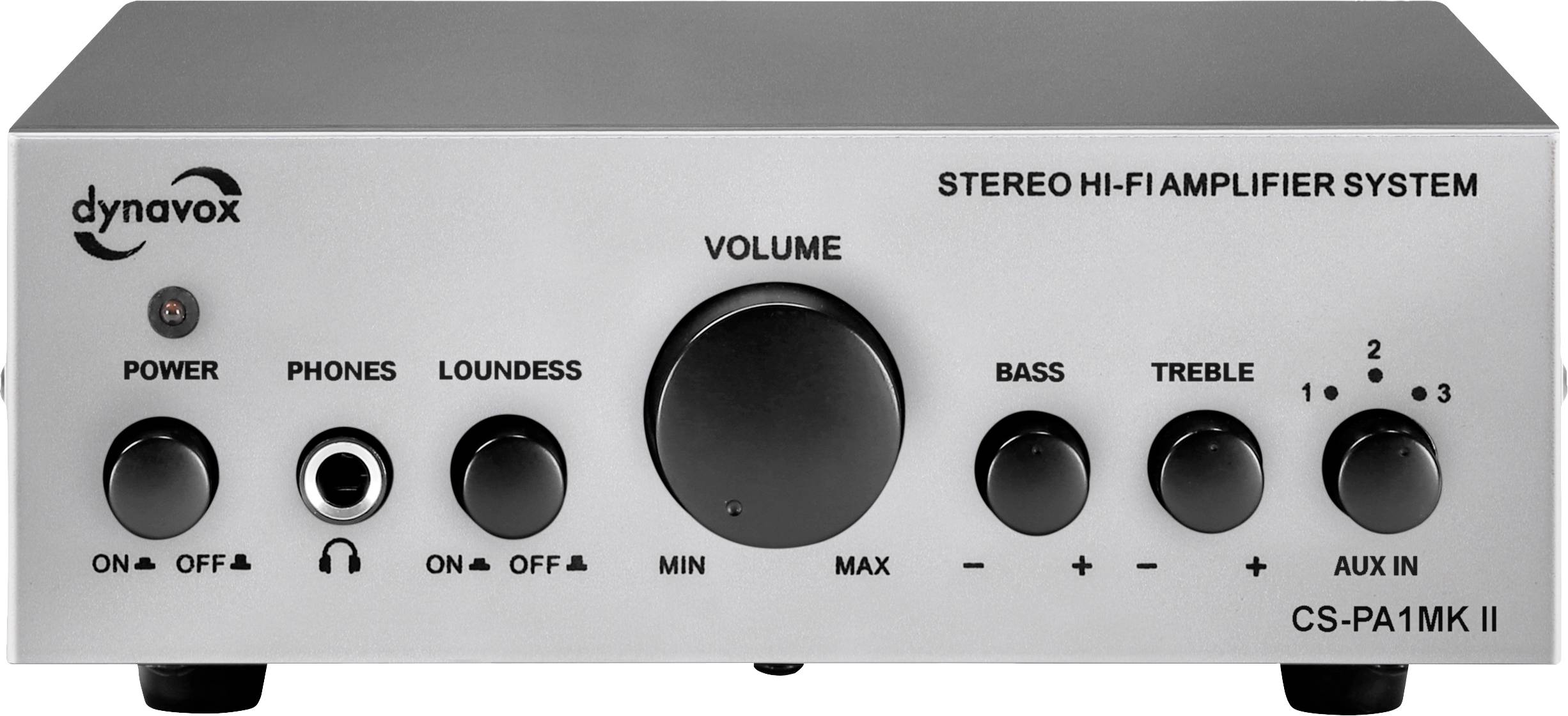 Amplificatore Hi-Fi in argento con controllo del volume, regolazione dei bassi e degli acuti, nonché possibilità di connessione AUX e selezione delle sorgenti audio.
