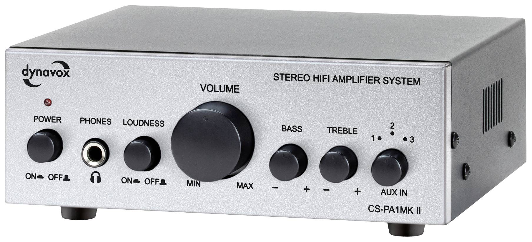 Amplificatore HiFi argentato con comandi per volume, bassi e alti. Tasti per accensione, cuffie, loudness, ingresso AUX. Nome del marchio in alto a sinistra.