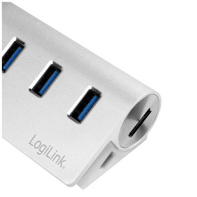 'Tre porte USB e un lettore di schede SD in un hub LogiLink argentato.'