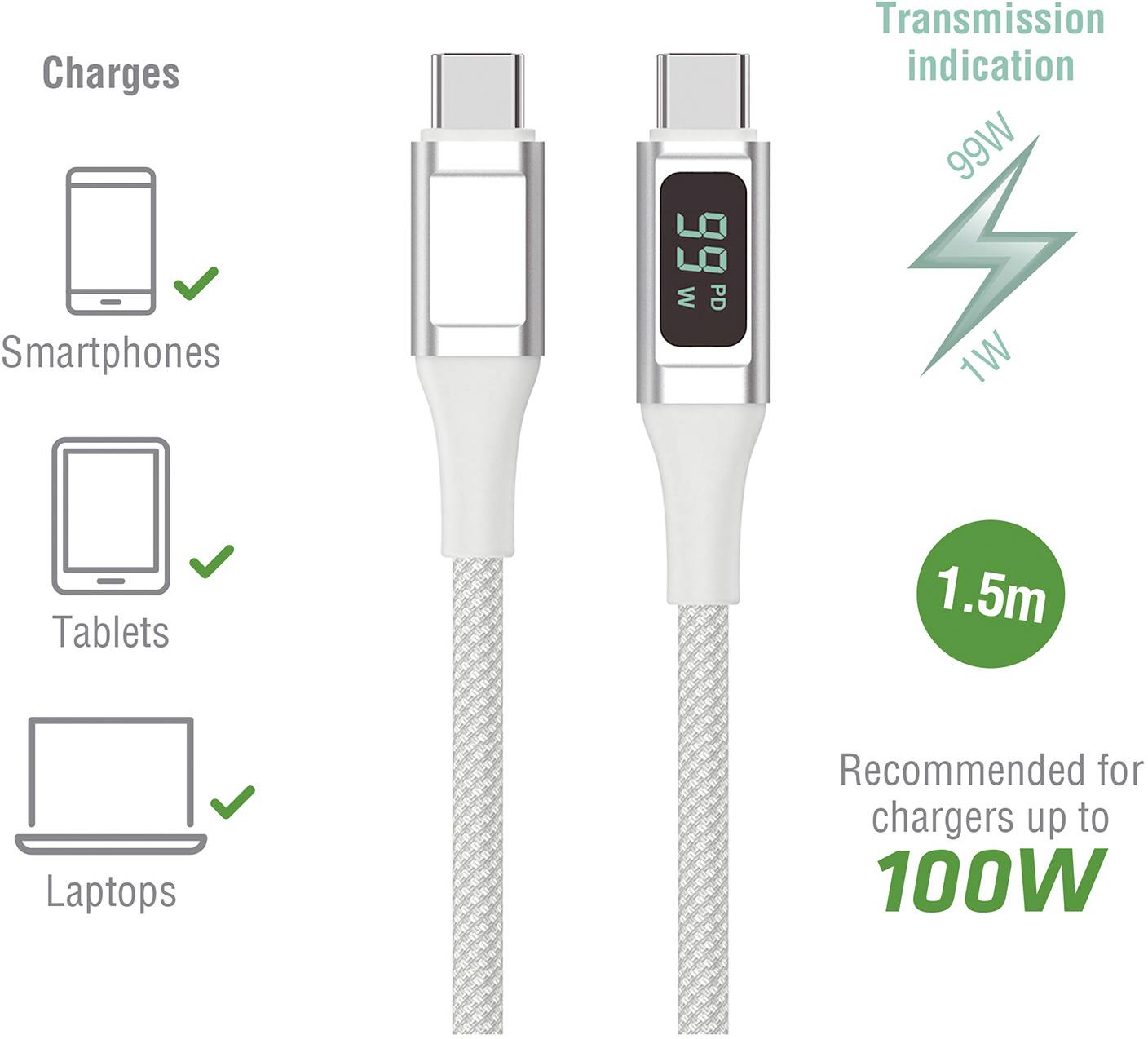 Cavo USB-C con display digitale per la visualizzazione della potenza (1W-99W). Adatto per smartphone, tablet, laptop. Lunghezza 1,5 m.
