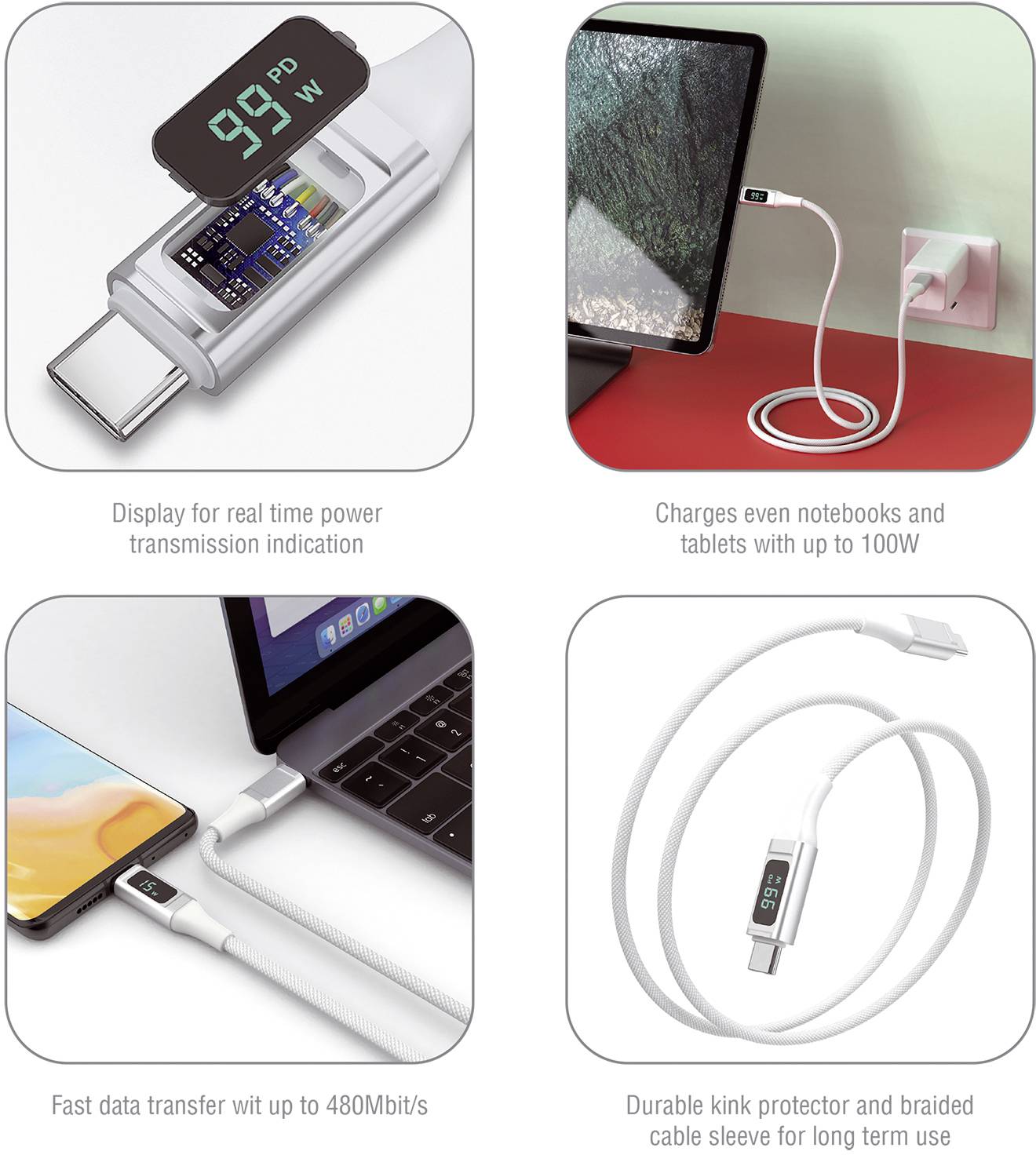 'Quattro immagini di un cavo USB-C: display che mostra la trasmissione di corrente, collegato a una presa a muro, trasferimento dati su un laptop e rivestimento del cavo resistente.'