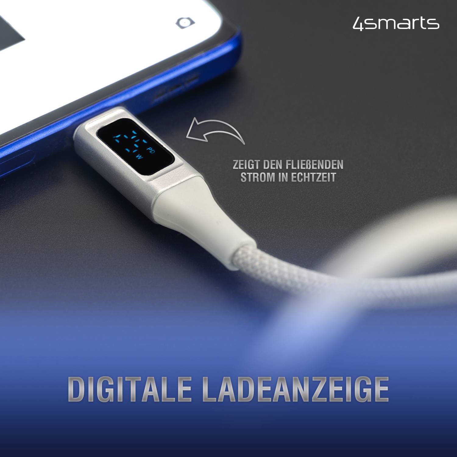 Un cavo di ricarica con display digitale è collegato a uno smartphone. Lo schermo mostra il flusso di corrente in tempo reale.