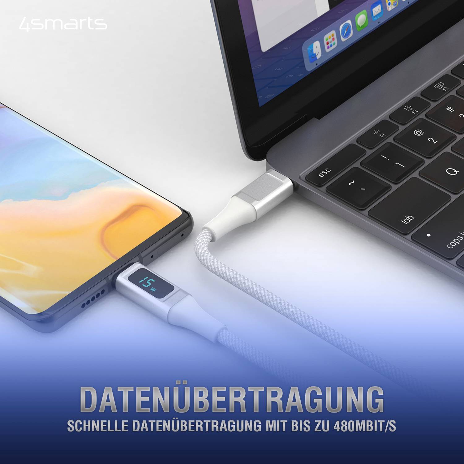 Trasferimento dati tra cellulare e laptop. Il cavo mostra una velocità di 15 MB/s. Testo sull'immagine: 'Trasferimento dati veloce fino a 480 Mbit/s.'