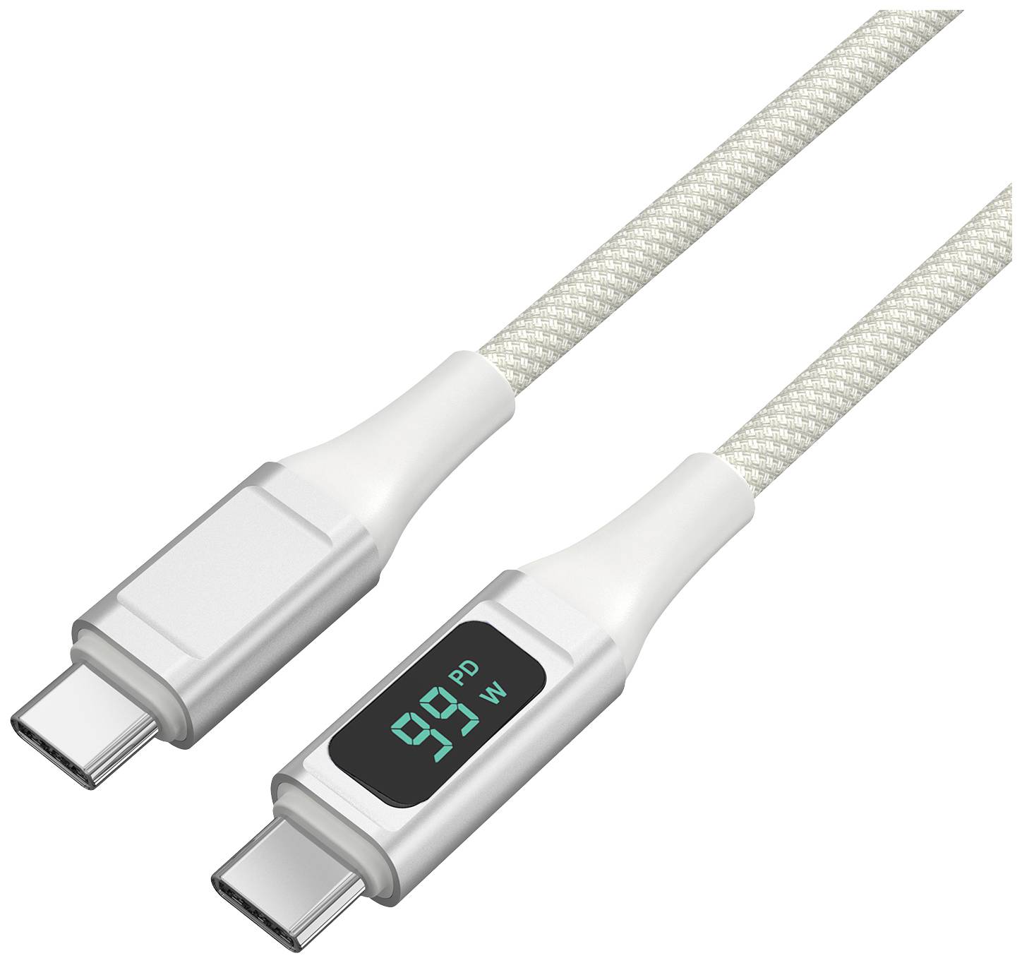 Cavo di ricarica USB-C con display digitale che mostra '99 PD W', riferito alla capacità di potenza. Cavo con design intrecciato bianco.