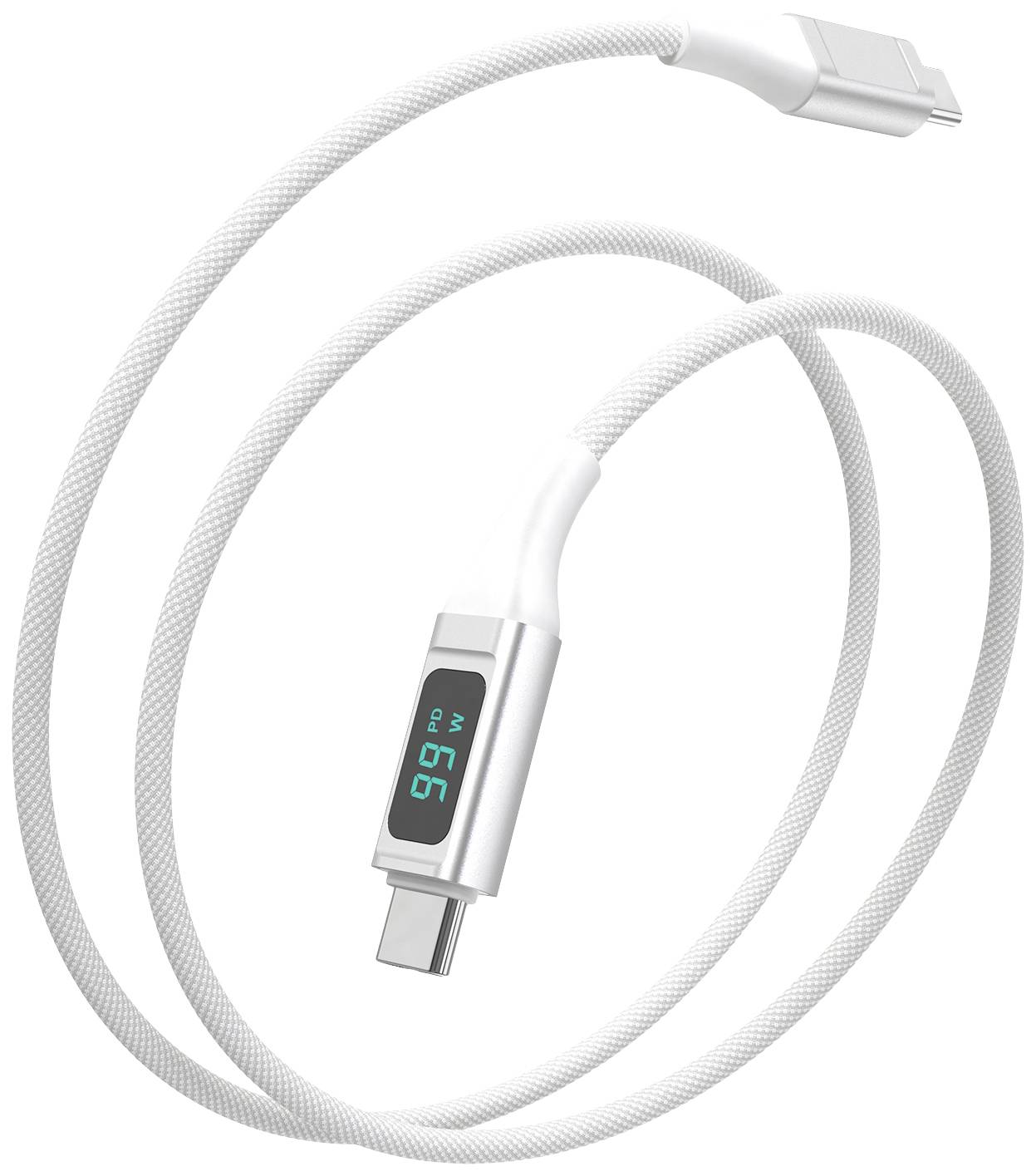 Un cavo di ricarica USB bianco con display digitale che mostra '99'. Un'estremità ha un connettore USB-C, l'altra un formato USB più vecchio.