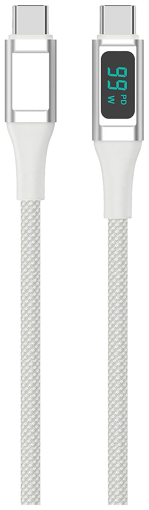 Un cavo USB intrecciato con display digitale a un'estremità, che mostra '9,6V' come uscita di tensione.