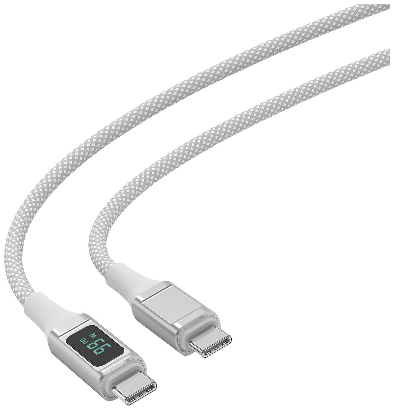 Un cavo USB-C grigio con display digitale che mostra '5G'. Il cavo ha un design intrecciato, con connettori USB-C su entrambe le estremità.