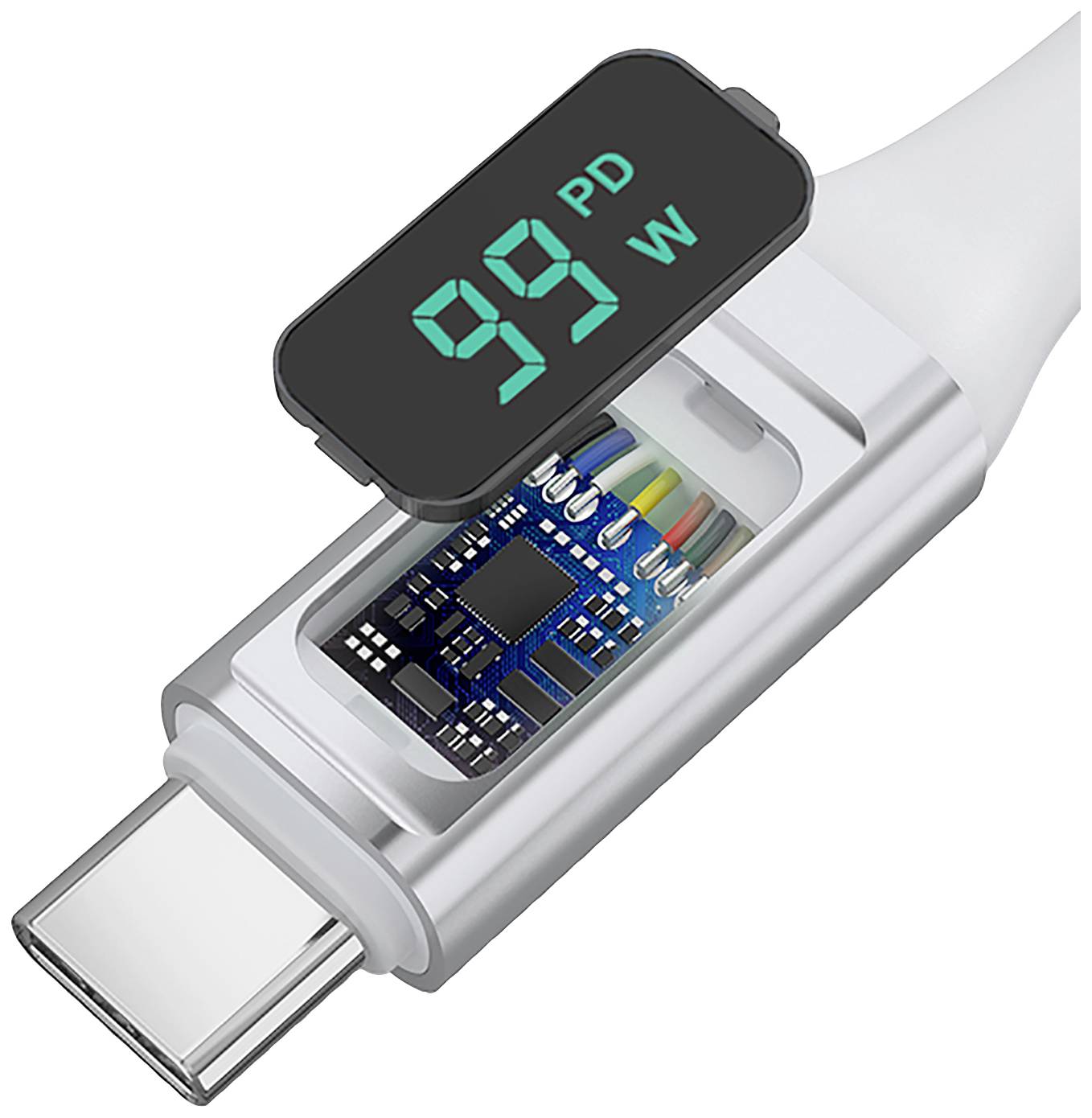 Una spina USB-C con involucro trasparente mostra l'elettronica interna. In alto è presente un display digitale con l'indicazione '99W PD'.