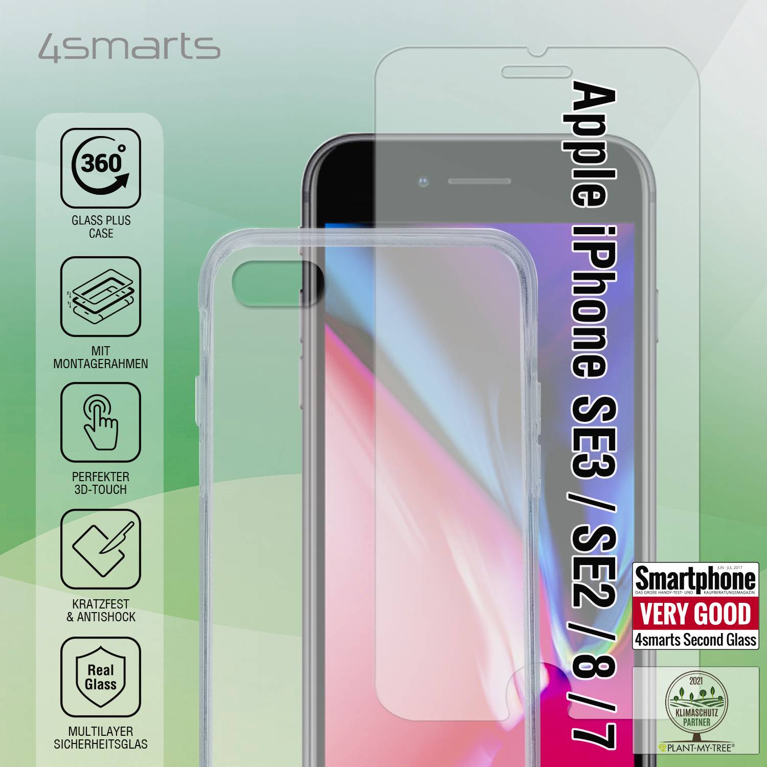 Pellicola protettiva per Apple iPhone SE3/SE2/8/7. Cover con protezione a 360 gradi, Vetro Plus, 3D-Touch, proprietà antigraffio e antiurto.