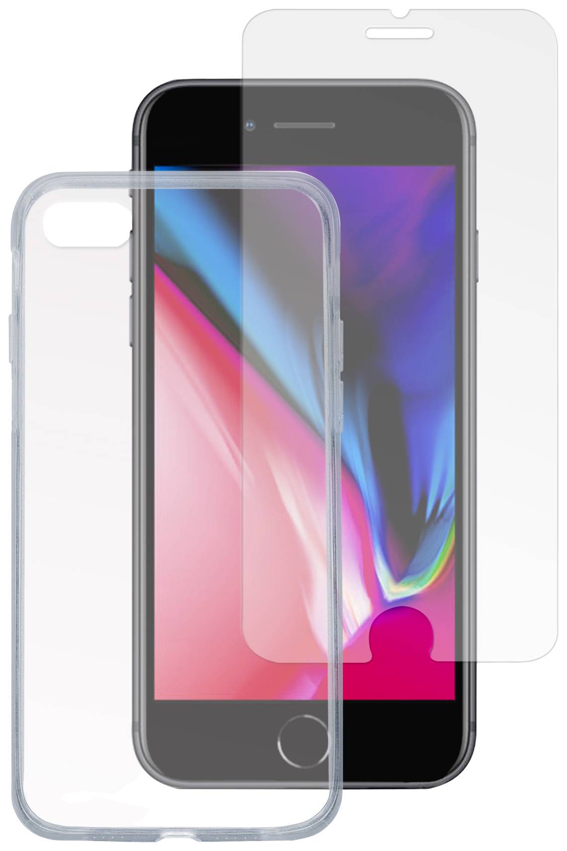 Un smartphone con una custodia protettiva trasparente e un vetro protettivo per lo schermo. Il dispositivo mostra uno sfondo colorato.