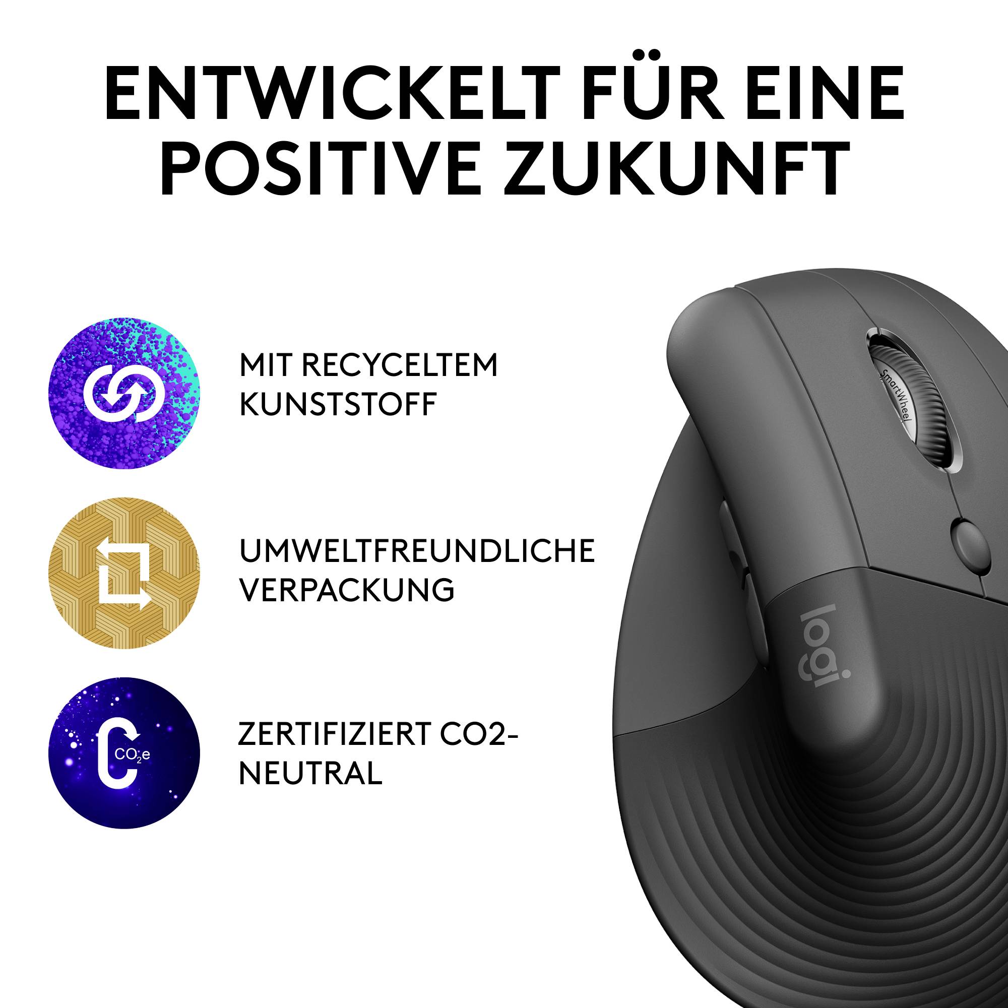 Mouse wireless grigia con tre badge: 'Realizzato con plastica riciclata', 'Packaging ecologico', 'Certificato CO2 neutral'.