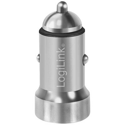 Un caricabatterie argentato, a forma di cilindro, per l'accendisigari dell'auto con la scritta 'LogiLink'.