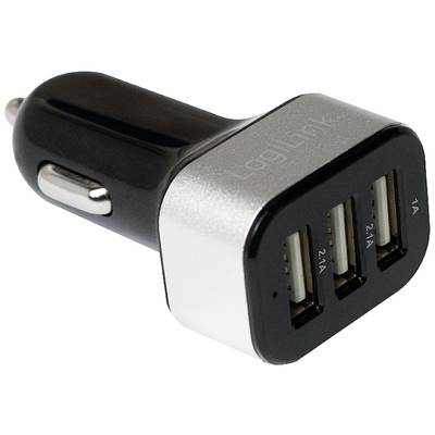 Adattatore per auto USB nero e argento con tre porte per la ricarica mobile. Caratterizzato dal logo LogiLink sulla parte superiore.