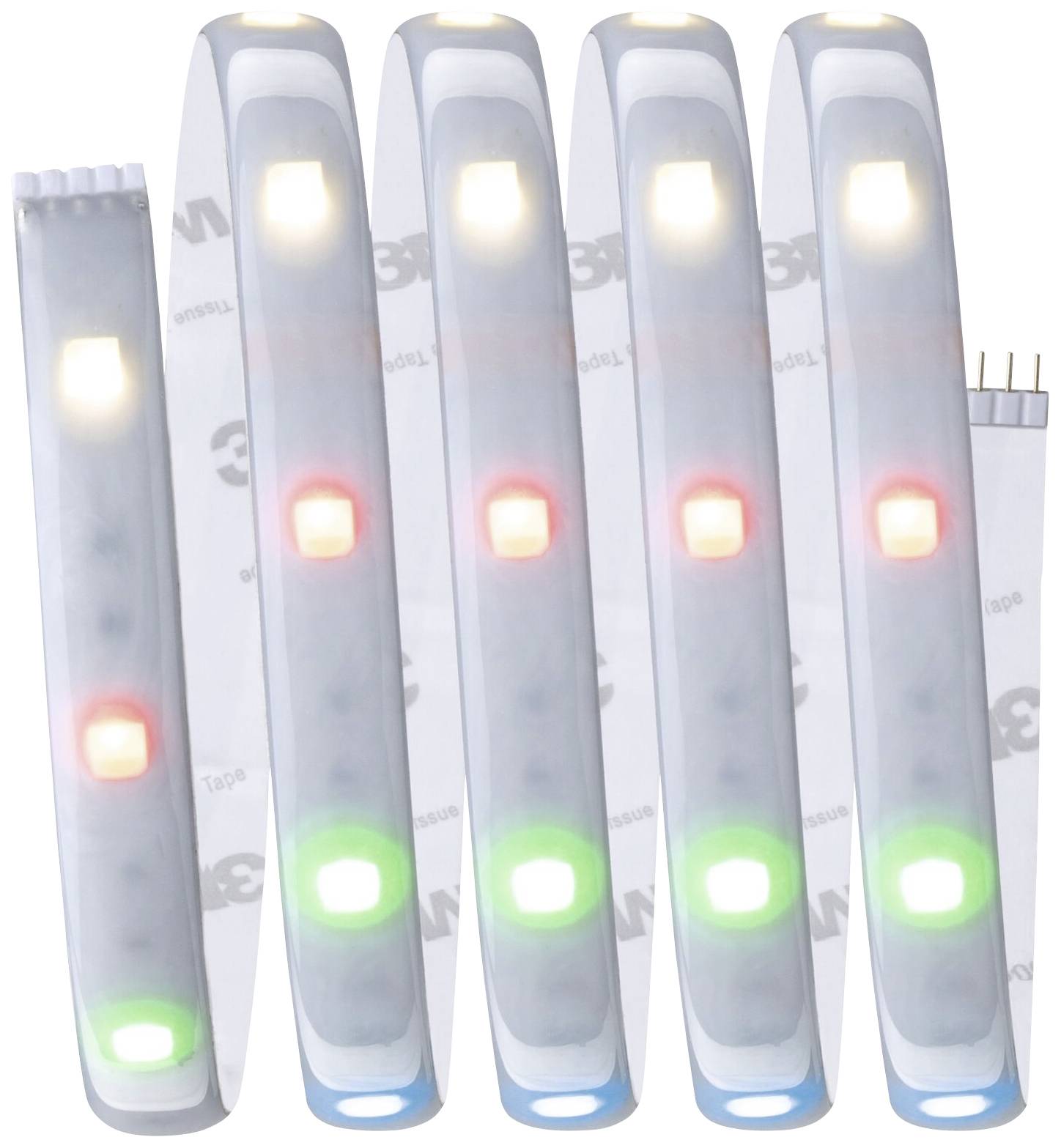 Strisce LED multicolori che emettono alternativamente luce bianca, rossa e verde; ideali per illuminazione decorativa.