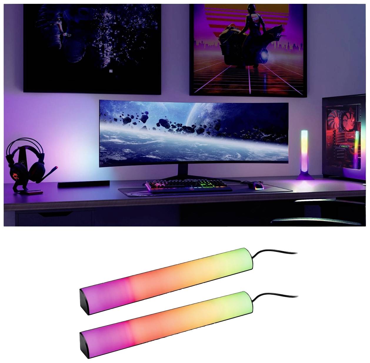 Una postazione da lavoro con un monitor che mostra un'immagine dello spazio. Luci LED colorate illuminano la stanza. In primo piano, due barre luminose.