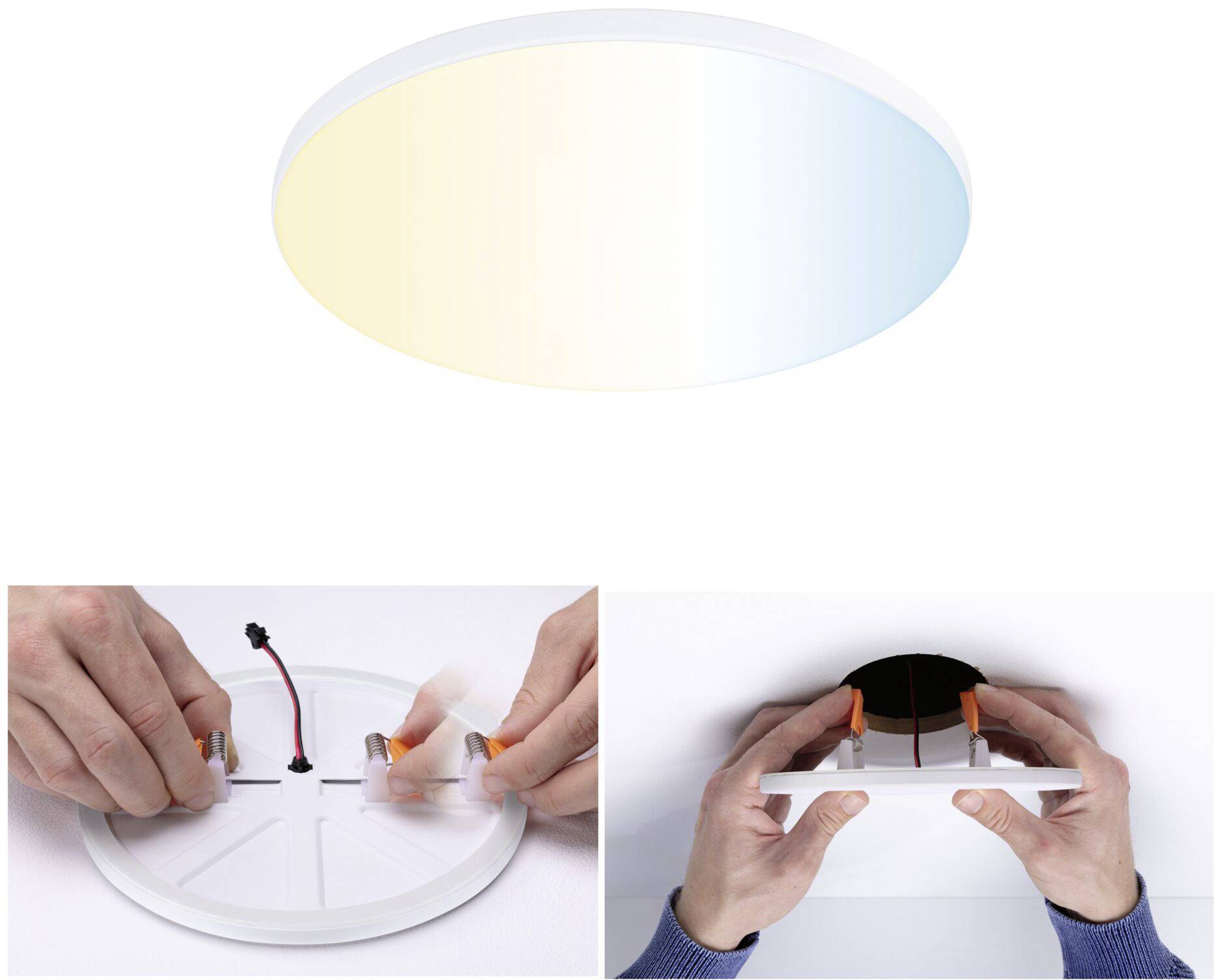 'Plafoniera rotonda con due aree luminose, bianco caldo e bianco freddo. Due immagini mostrano il processo di installazione tramite avvitamento.'