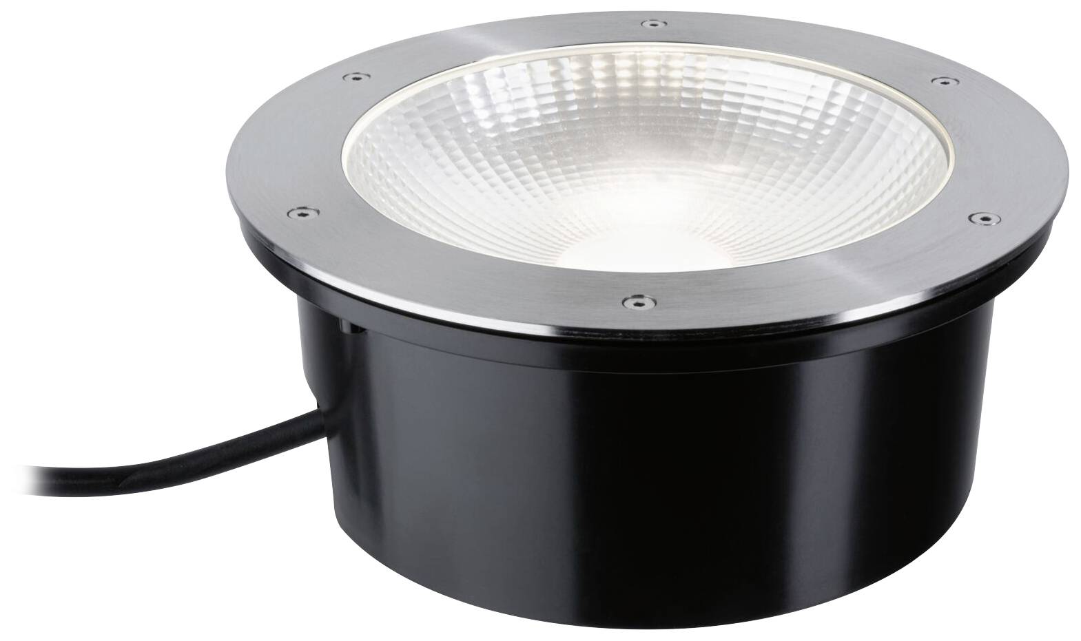 Lampada rotonda da esterno in metallo con copertura in vetro scanalato, orientabile. Adatta per valorizzare e illuminare aree esterne.