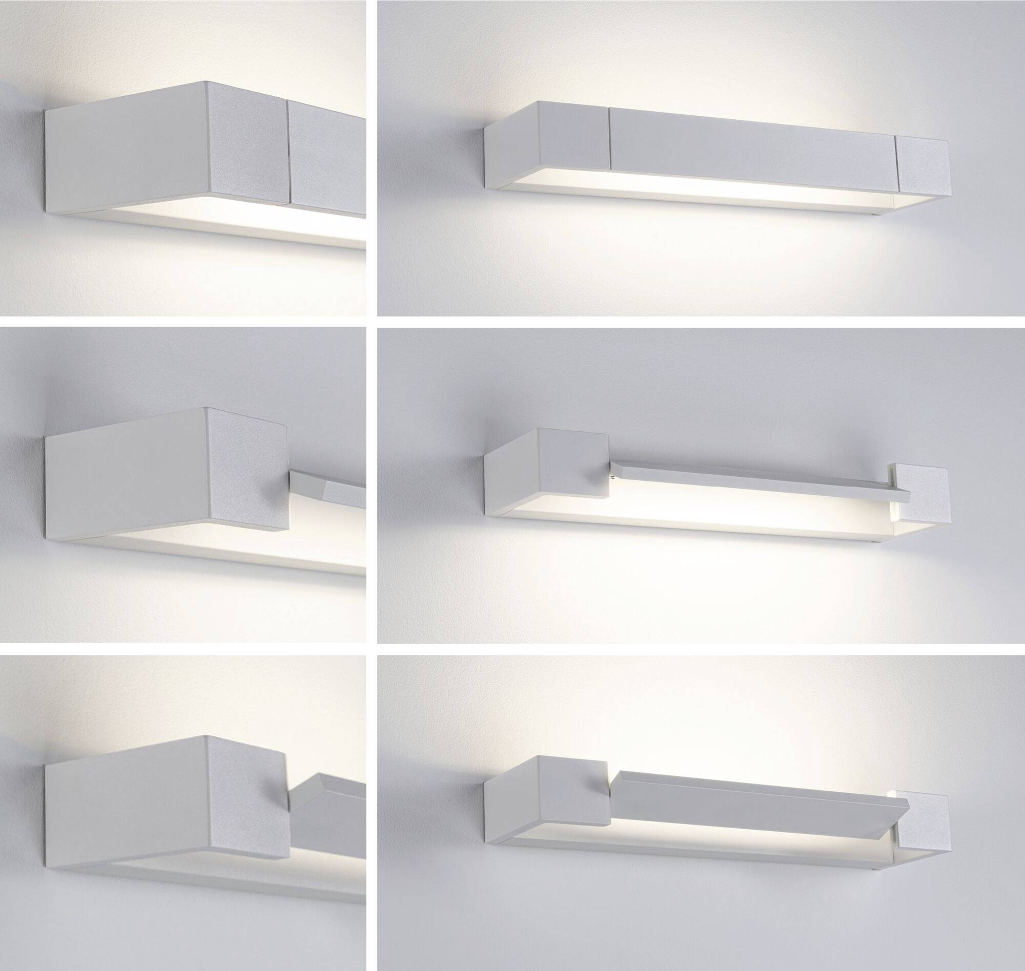 Sei lampade da parete moderne, rettangolari, raffigurate in angolazioni diverse, tutte in un design essenziale, bianco, con illuminazione indiretta.