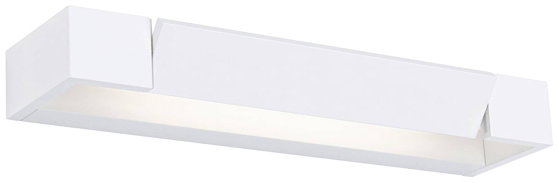 Applique murale bianca rettangolare dal design essenziale. Emana una luce diffusa verso il basso, ideale per ambienti interni moderni.