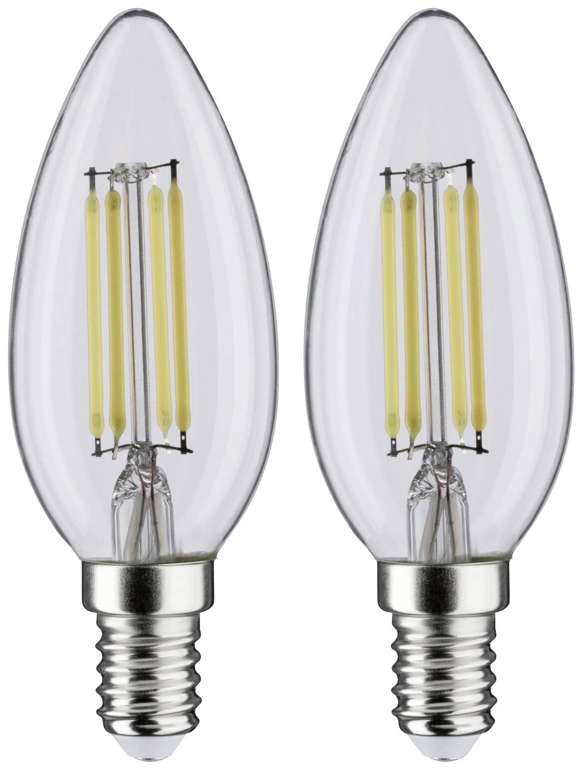 Due lampade a candela LED con vetro trasparente e attacco E14.