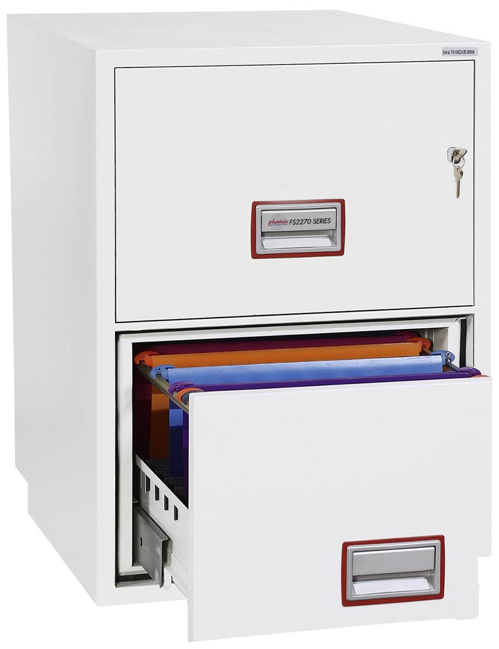 Armadio con due cassetti, cassetto superiore chiuso, quello inferiore aperto che mostra cartelle sospese colorate. Chiave di alta sicurezza sul lato.
