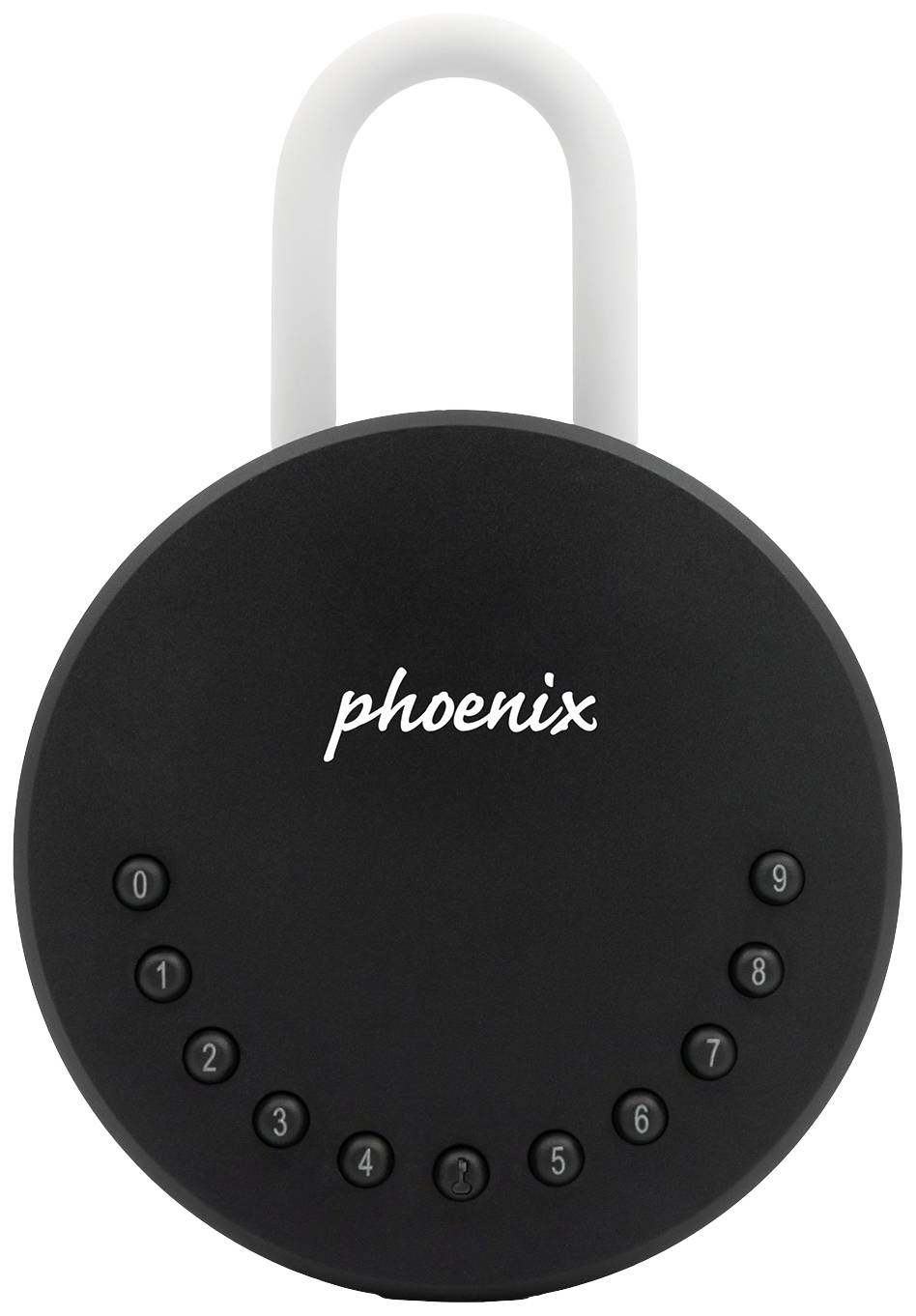Un lucchetto rotondo nero con 10 tasti numerici da 0 a 9. Sulla parte superiore è presente un archetto. Marchio 'phoenix' in bianco.