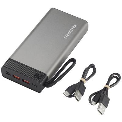 Powerbank grigia con un cavo nero, due porte USB e due cavi USB inclusi. Il nome del marchio 'VOLTRAFT' è visibile.