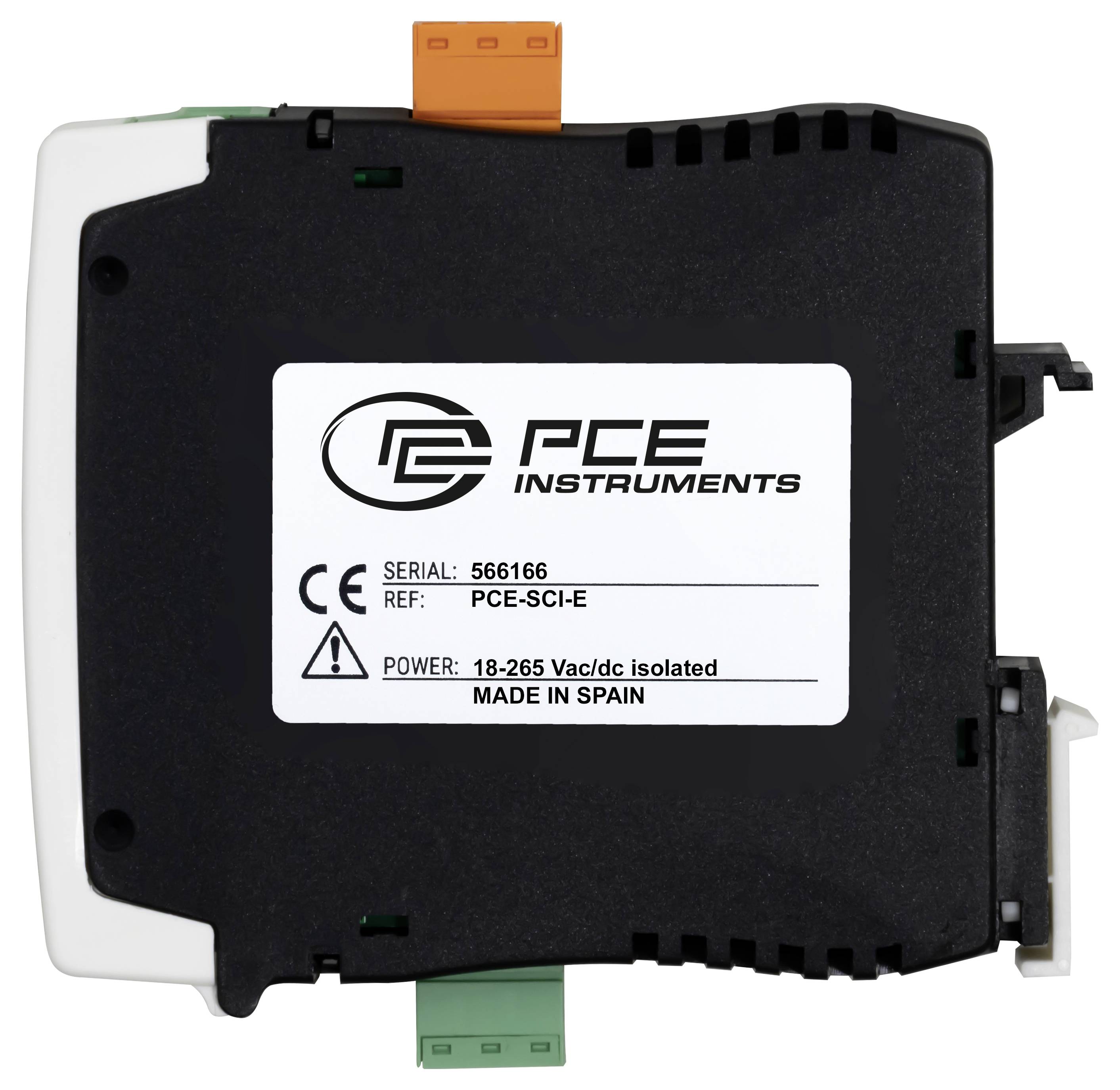 Modulo elettronico PCE Instruments con etichetta che mostra il numero di serie 566166 e modello PCE-SCI-E, alimentato da 18-265 Vac/cc isolato, realizzato in Spagna.