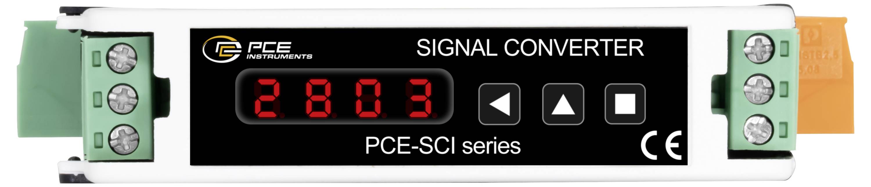 Convertitore di segnale PCE-SCI con display digitale rosso che mostra 2803, tre pulsanti di controllo e morsettiere verdi su entrambe le estremità.