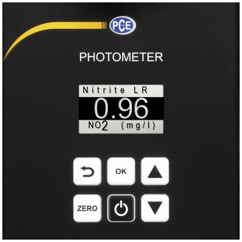 Indicazione del fotometro mostra 'Nitrite LR 0,96 NO2 (mg/l)'. Tasti per 'OK', 'Punto zero' e Acceso/Spento sotto.