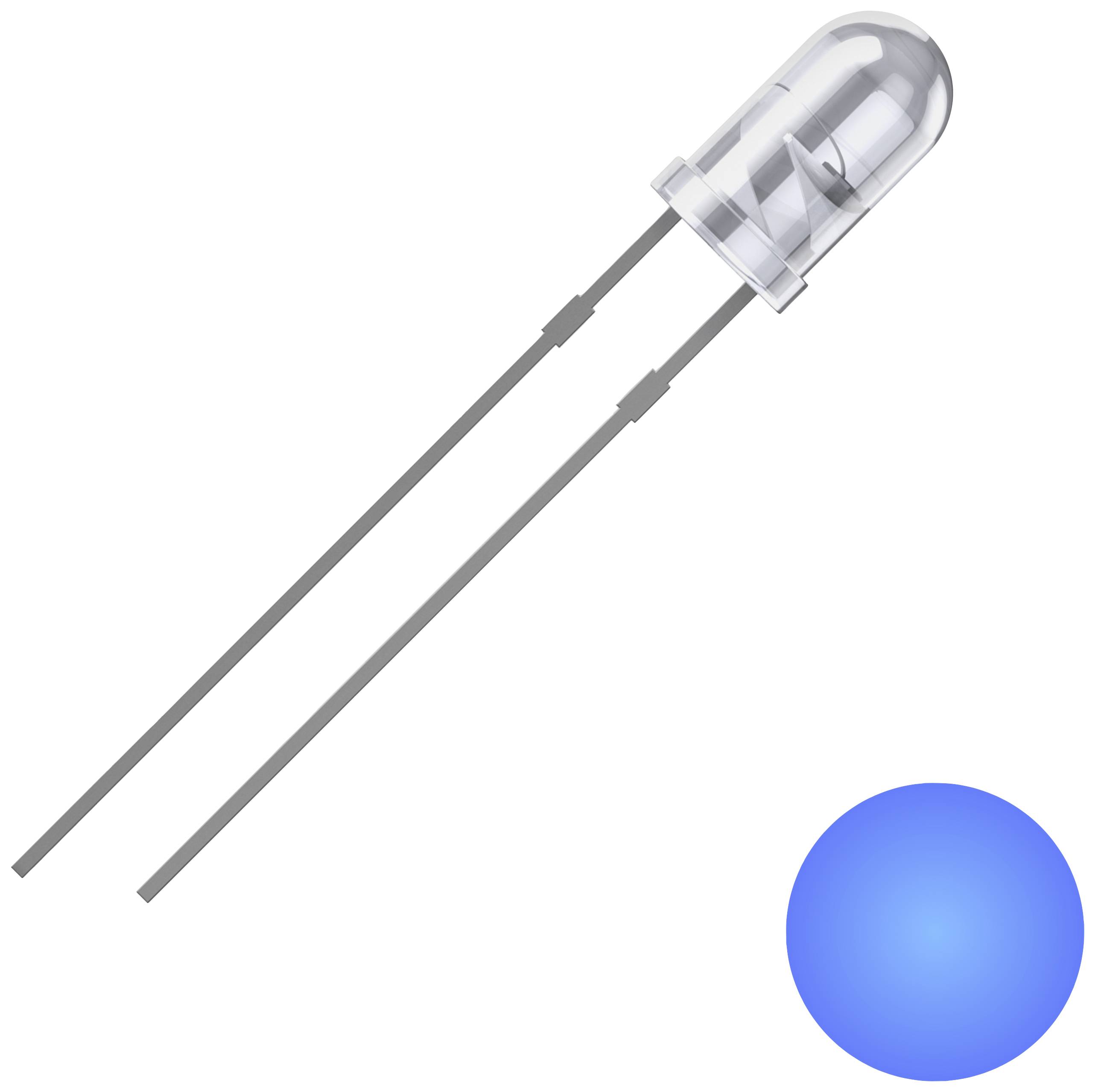 Un LED blu con due terminali sporgenti accanto a un punto luminoso blu brillante.