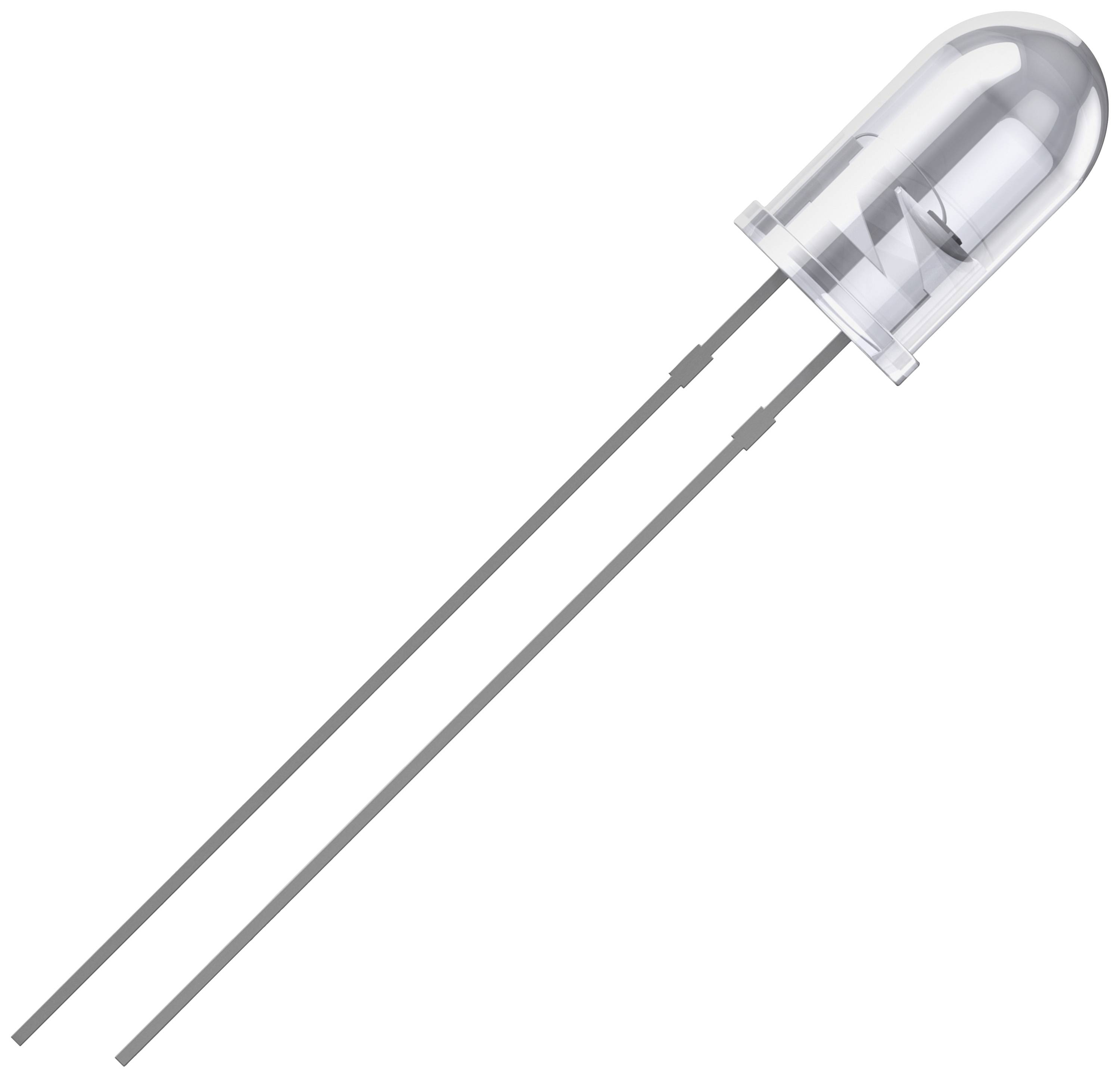 Un diodo LED trasparente con due lunghi terminali metallici, utilizzato per circuiti elettronici.