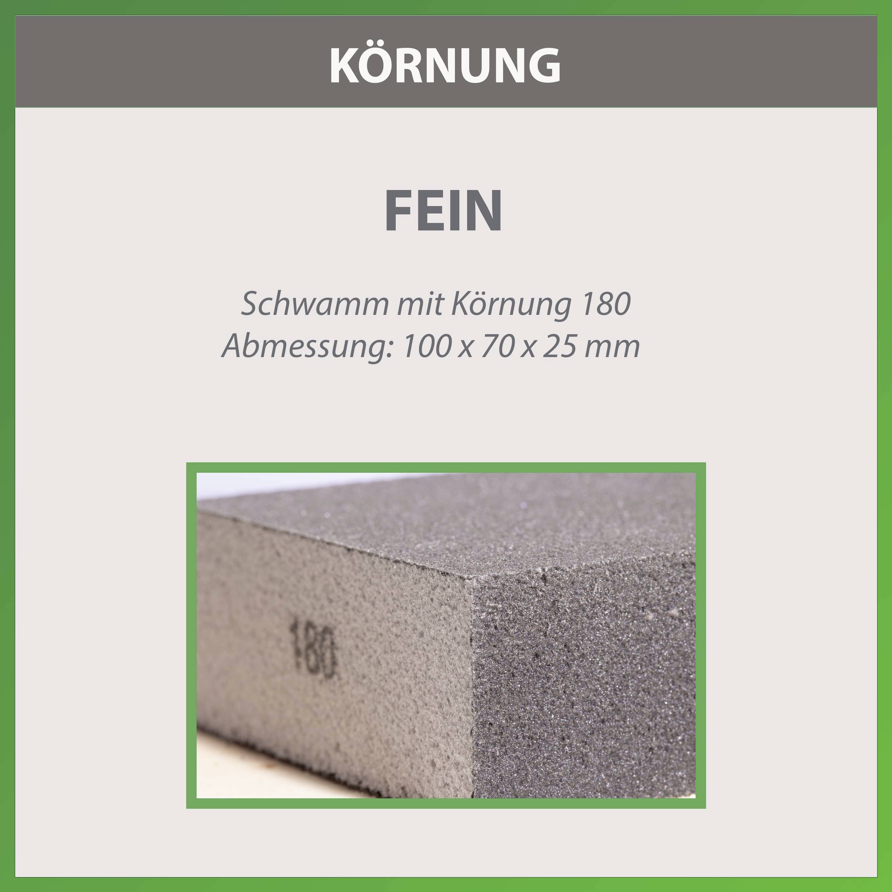 'Grana fine'. Spugna con grana 180, dimensioni: 100 x 70 x 25 mm. Primo piano della superficie.