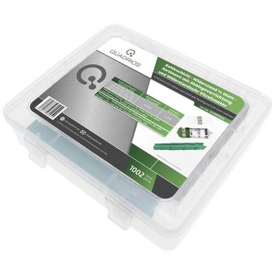 Scatola di plastica con 100 connettori di giunzione verdi, con il logo di Quadrios sullo sfondo, e un'indicazione di resistenza al freddo e all'acqua.