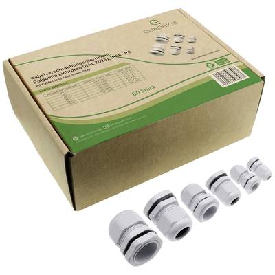 Scatola di cartone con la scritta 'Assortimento di pressacavi'. Davanti ci sono sei pressacavi bianchi in plastica.