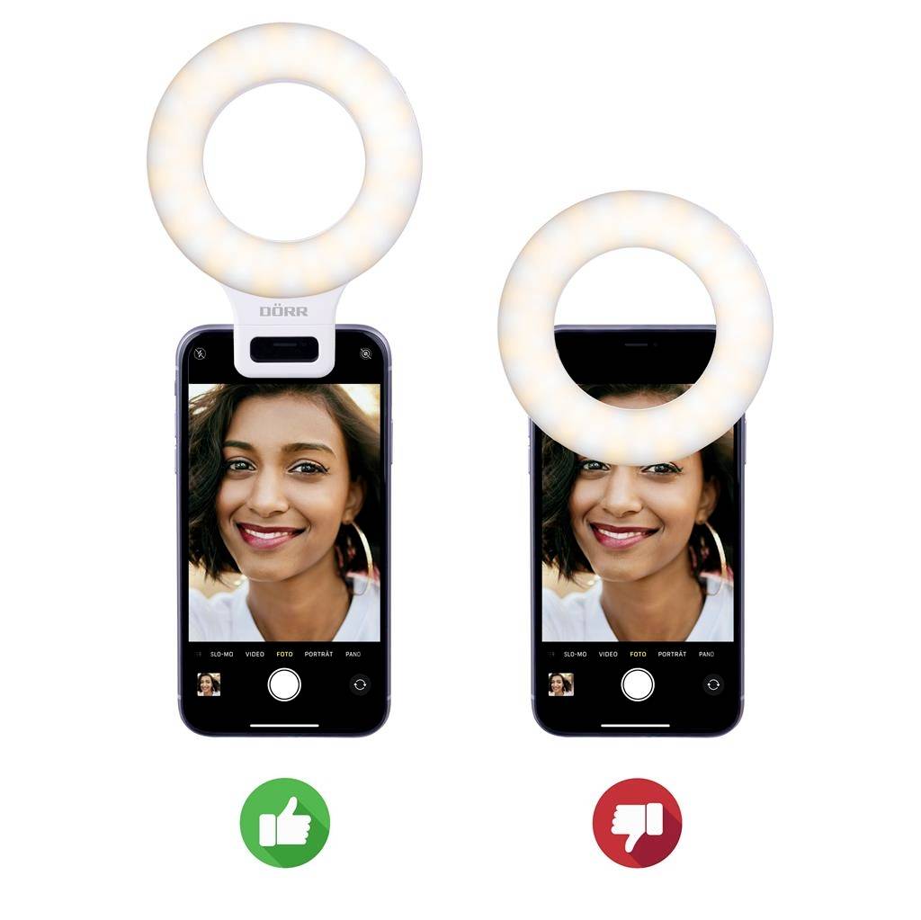 'La luce potenzia l'immagine del volto sullo smartphone. A sinistra migliorato, a destra senza miglioramento. Verde per l'approvazione, rosso per il rifiuto.'