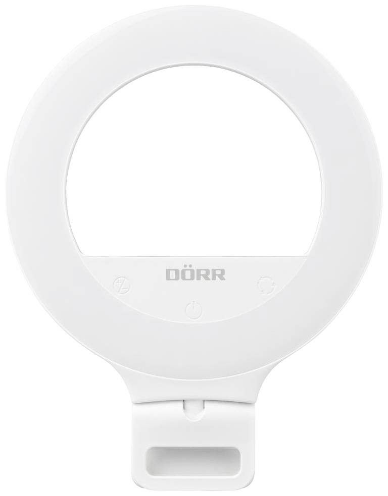 Un clip ad anello luminoso bianco e rotondo del marchio Dörr da fissare agli smartphone per migliorare l'illuminazione durante foto e video.