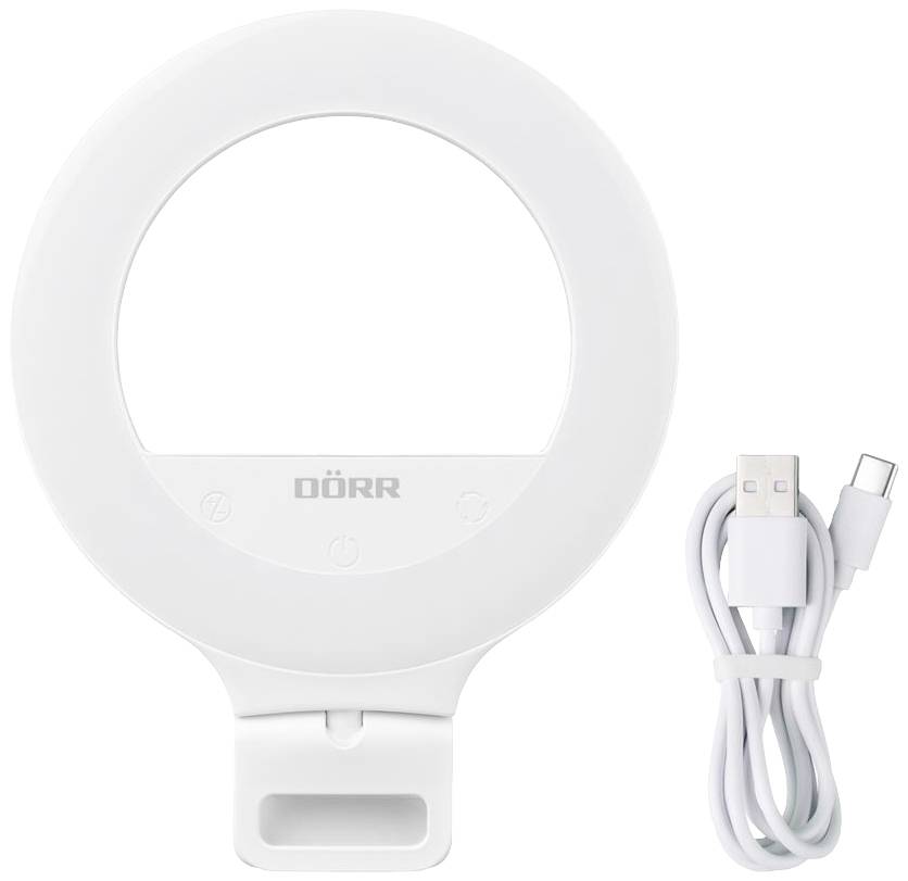 Un accessorio ad anello luminoso LED bianco con logo del marchio 'DÖRR' e cavo USB per l'illuminazione durante riprese fotografiche o video.