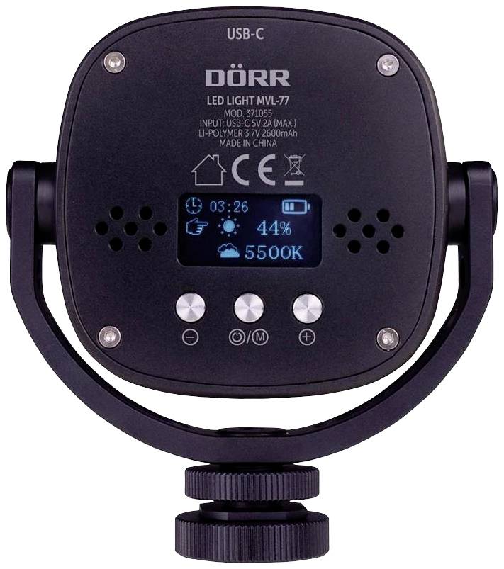 Retro di una luce LED DÖRR con connettore USB-C, che mostra gli elementi di controllo e il display con impostazioni come luminosità e temperatura colore.